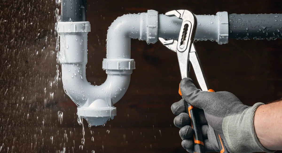 Plumber fixing a water leak in a drain