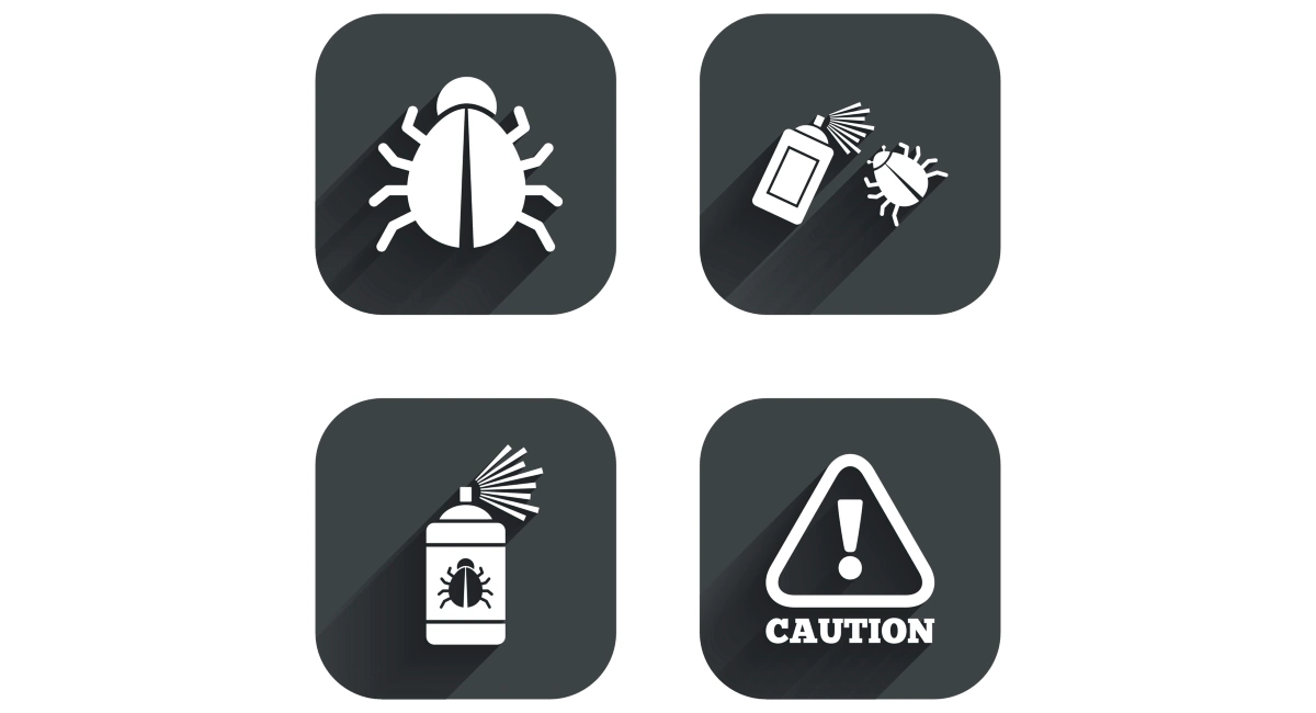 Bug disinfection icons. Caution attention symbol. Insect fumigation spray sign. Square flat buttons with long shadow.