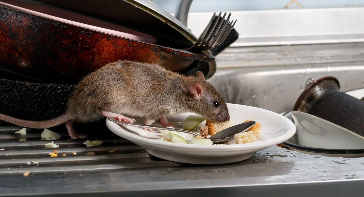 Young rat sniffing leftovers on a plate