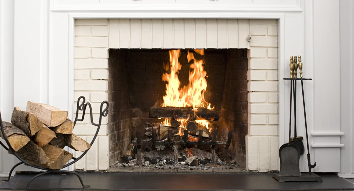 Fireplace with fire burning