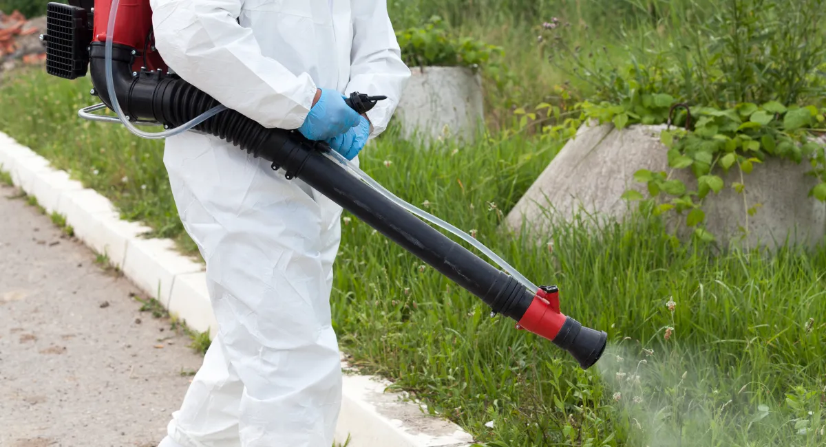 Pest control worker spraying insecticide