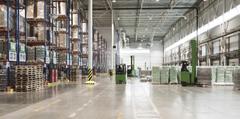 The inside of a large warehouse.