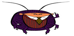 An animation of a cockroach wearing a suit.