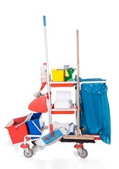 A colorful cleaning cart.