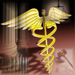A graphic of a medical symbol and a gavel.