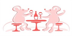 Animated image of two pink mice sitting on stools and drinking champagne.