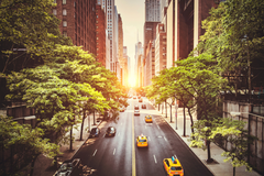 A New York city street during a sunrise.