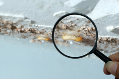 A magnifying glass showing a termite.
