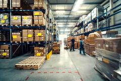The inside of a warehouse with stacked boxes everywhere.
