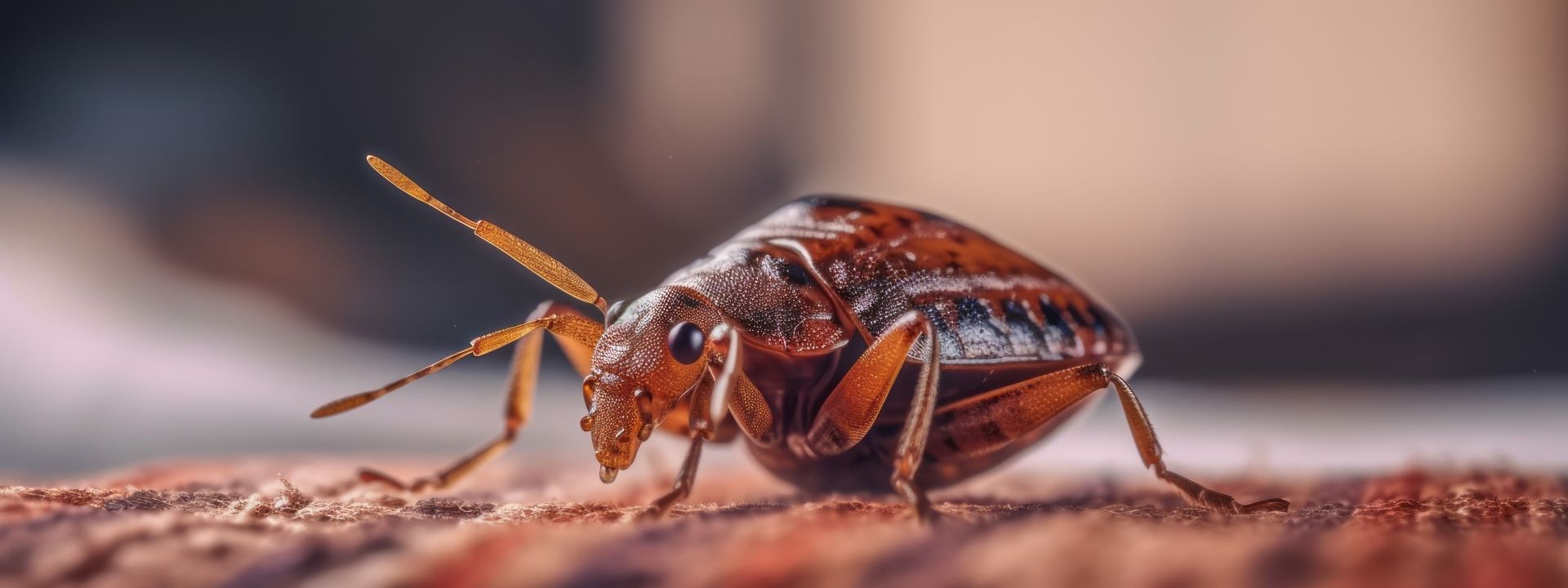 Macro view of a bed bug walking across a mattress.