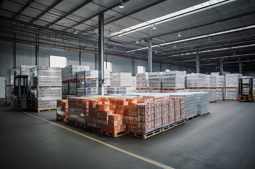 Food processing facility storage area with pallets of food ready to be shipped.